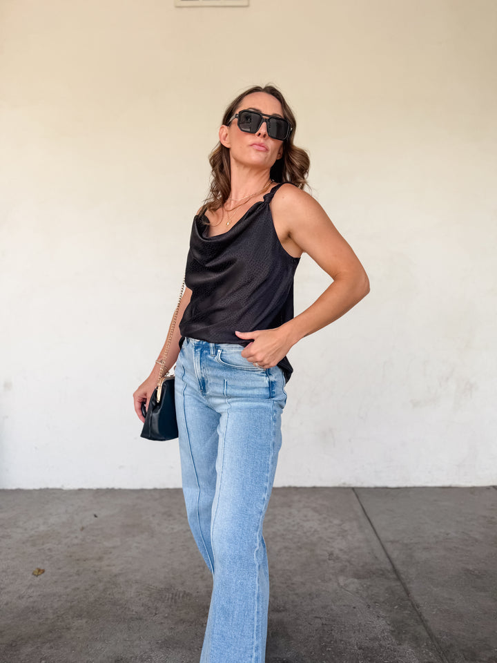 The Luxe Cowl Neck Satin Cami Tank - Black