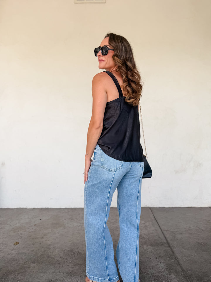 The Luxe Cowl Neck Satin Cami Tank - Black