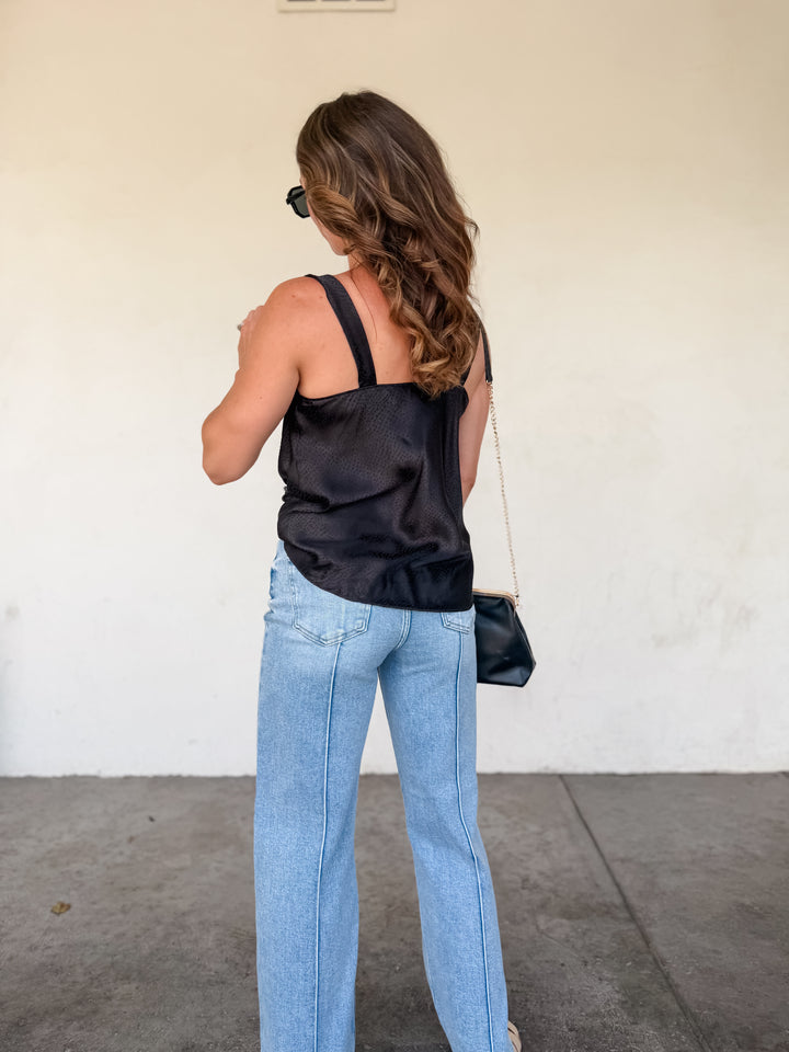 The Luxe Cowl Neck Satin Cami Tank - Black