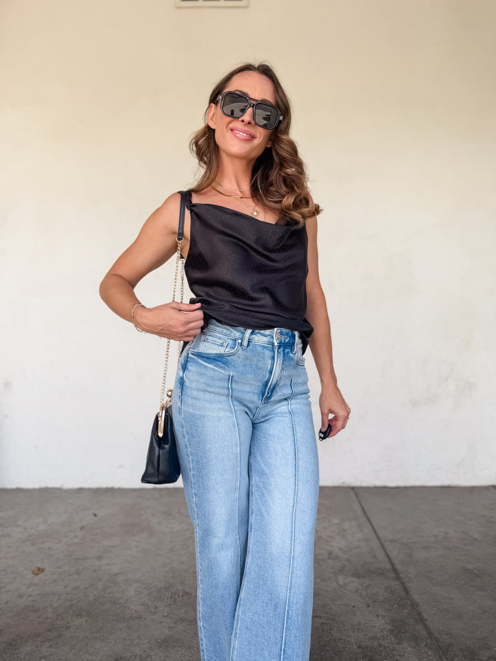 The Luxe Cowl Neck Satin Cami Tank - Black