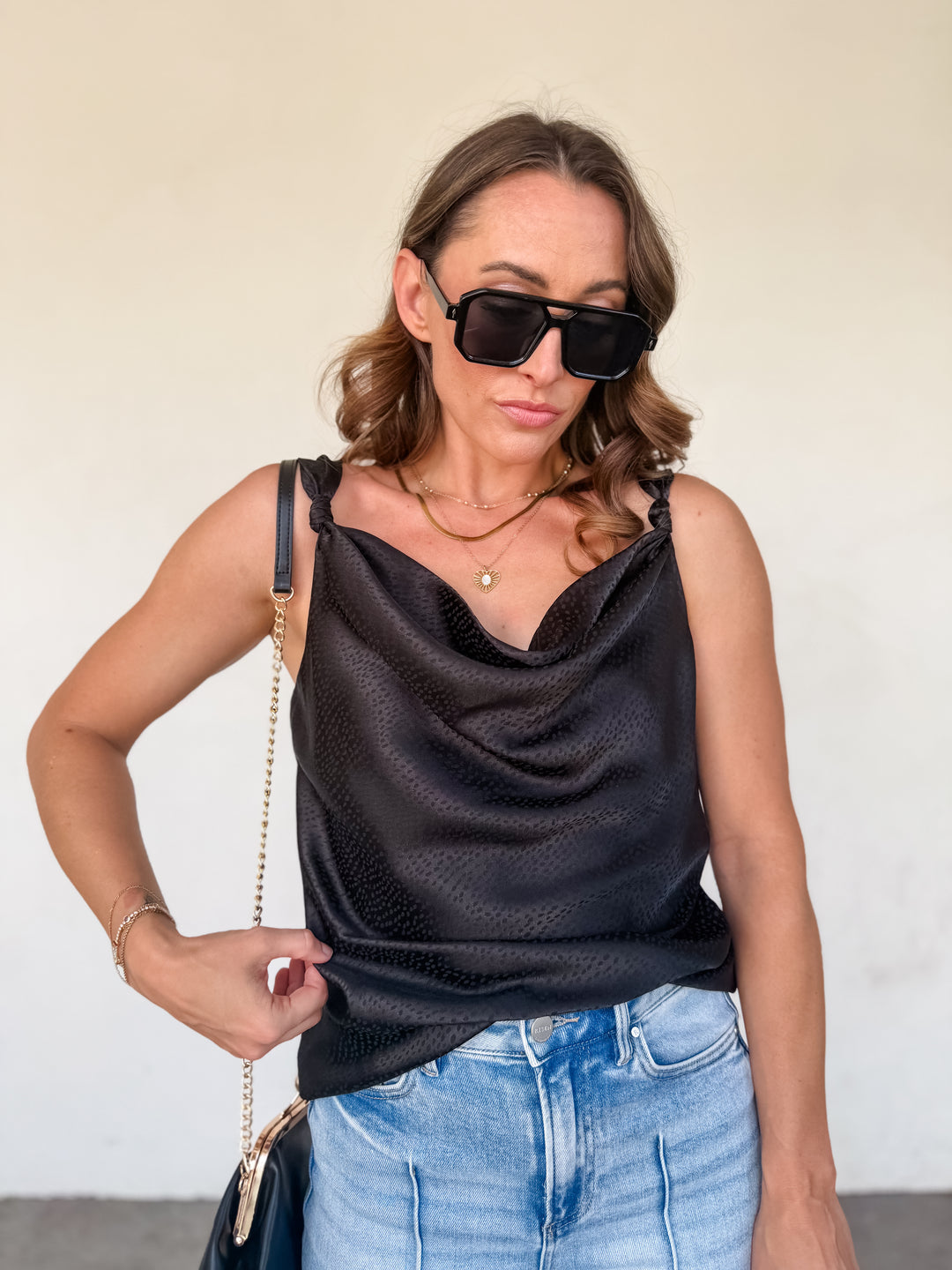 The Luxe Cowl Neck Satin Cami Tank - Black