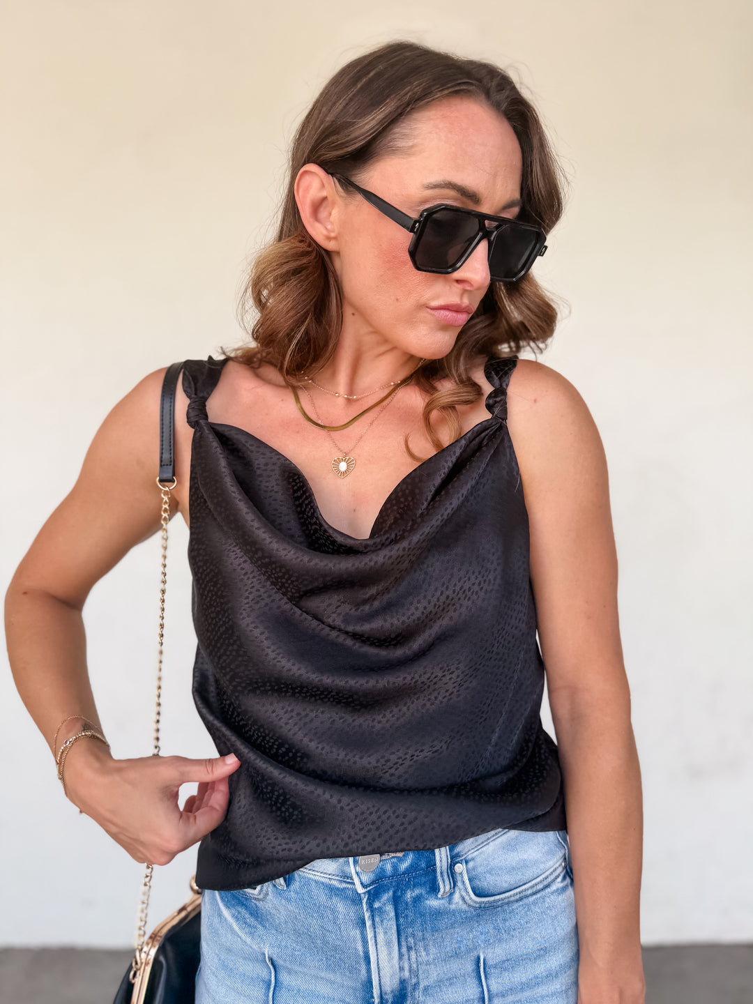 The Luxe Cowl Neck Satin Cami Tank - Black
