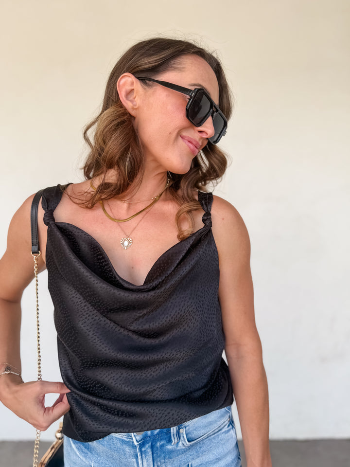 The Luxe Cowl Neck Satin Cami Tank - Black