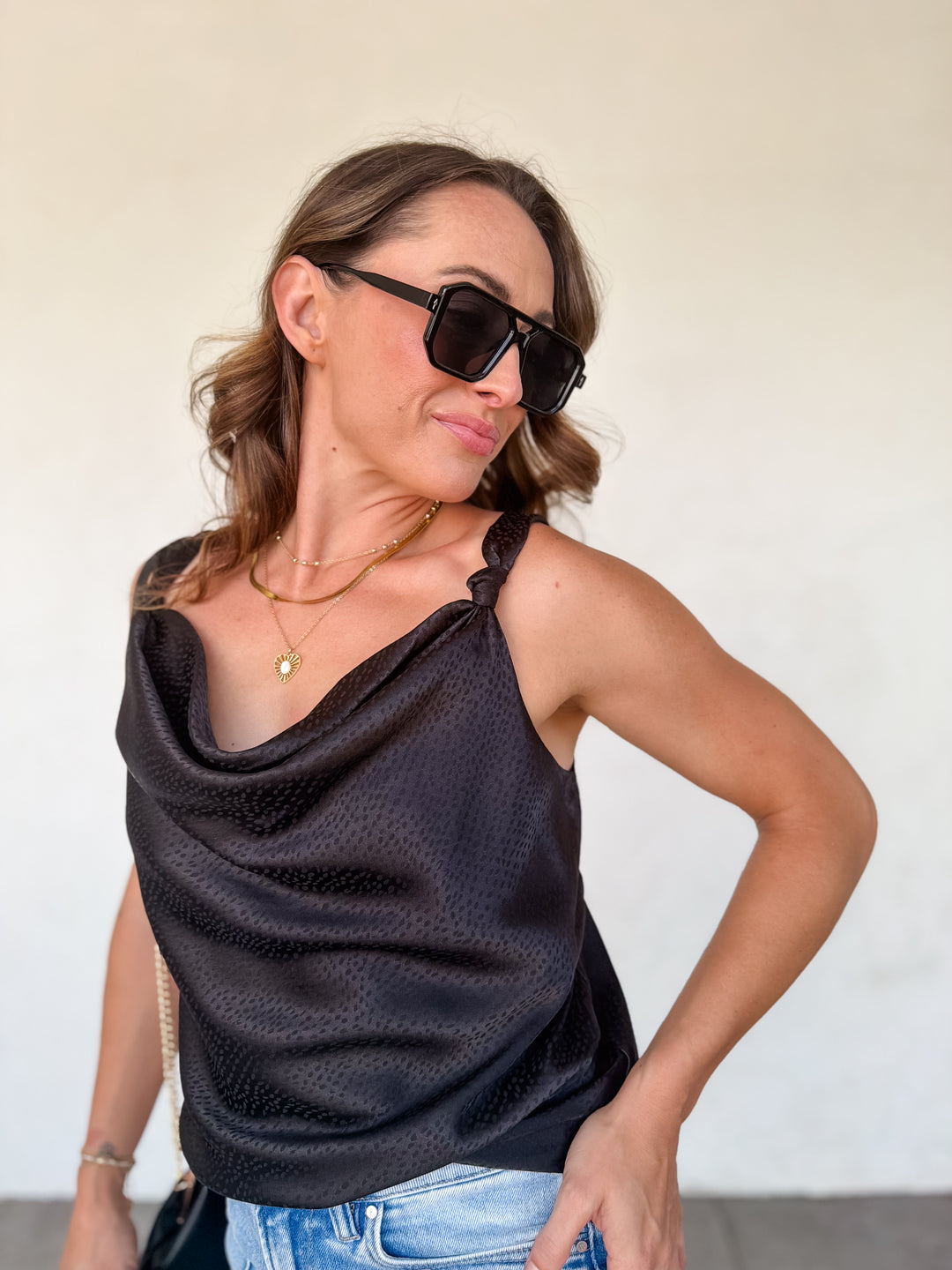 The Luxe Cowl Neck Satin Cami Tank - Black
