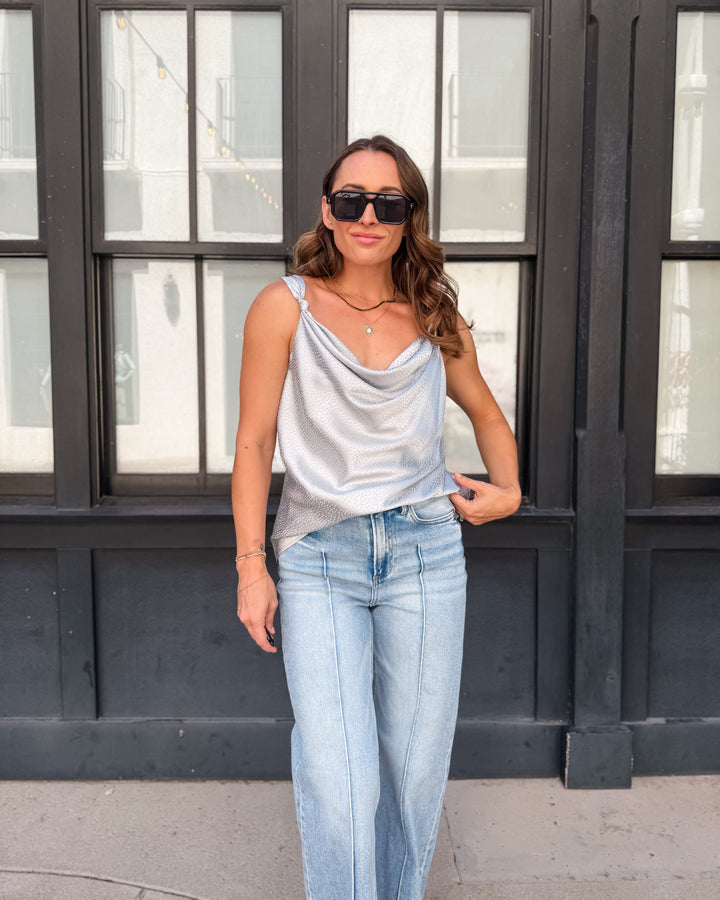 The Luxe Cowl Neck Satin Cami Tank - Dusty Blue
