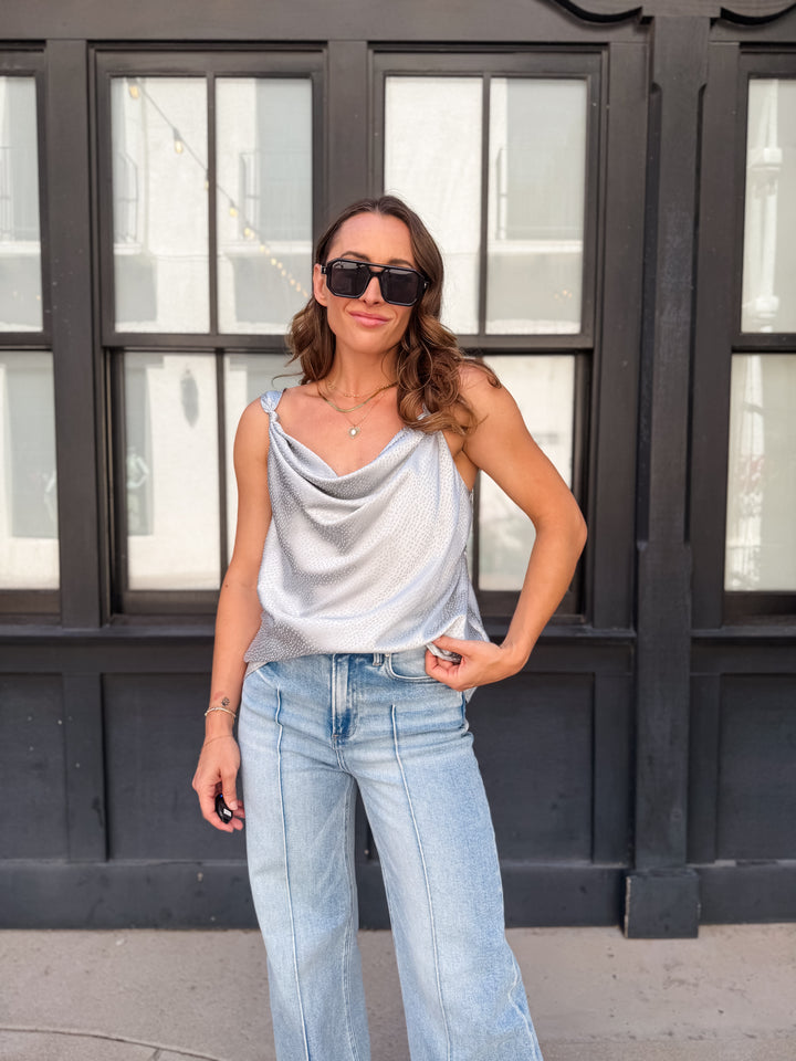 The Luxe Cowl Neck Satin Cami Tank - Dusty Blue