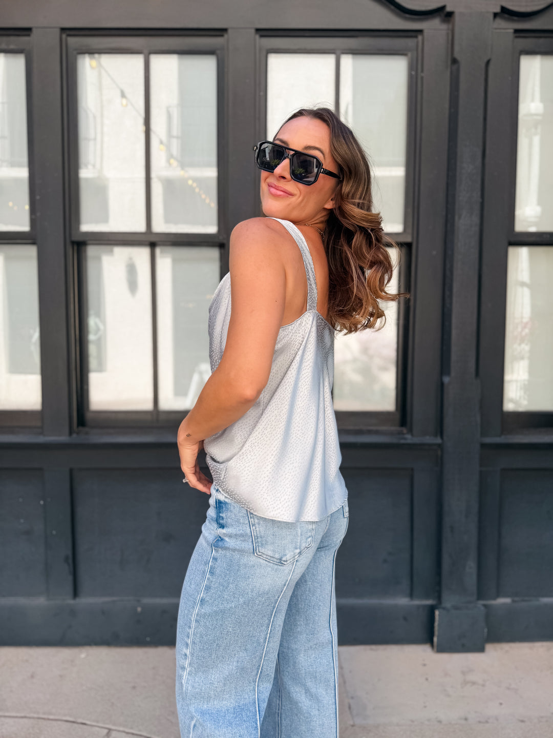 The Luxe Cowl Neck Satin Cami Tank - Dusty Blue