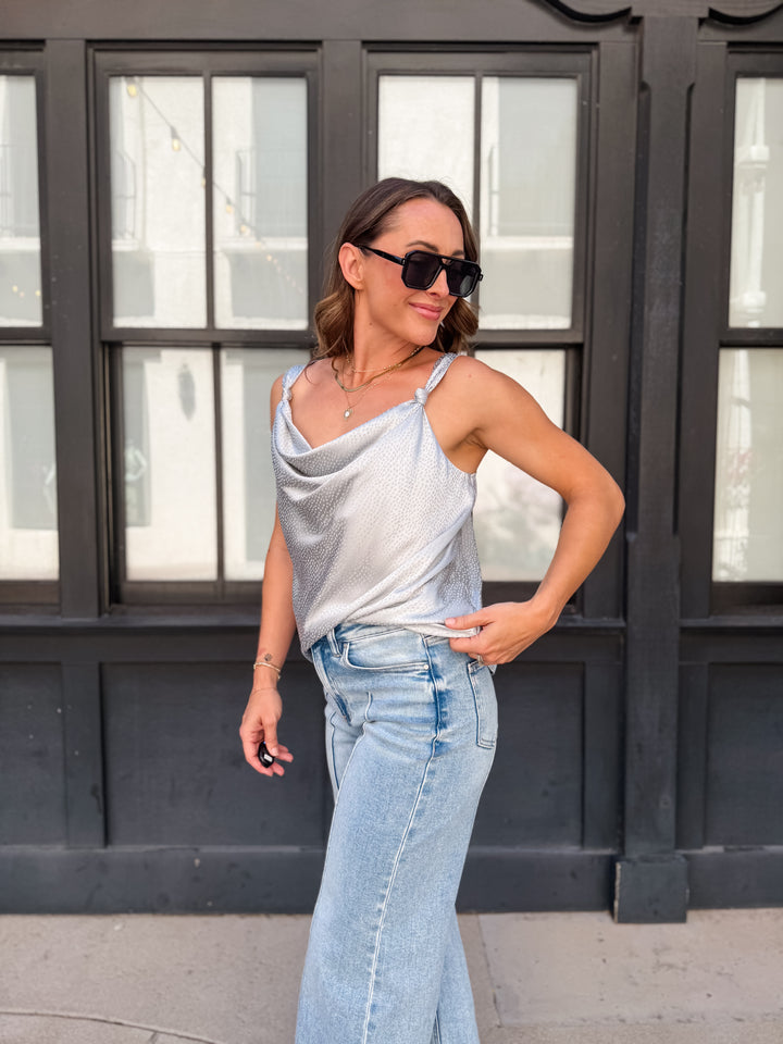 The Luxe Cowl Neck Satin Cami Tank - Dusty Blue