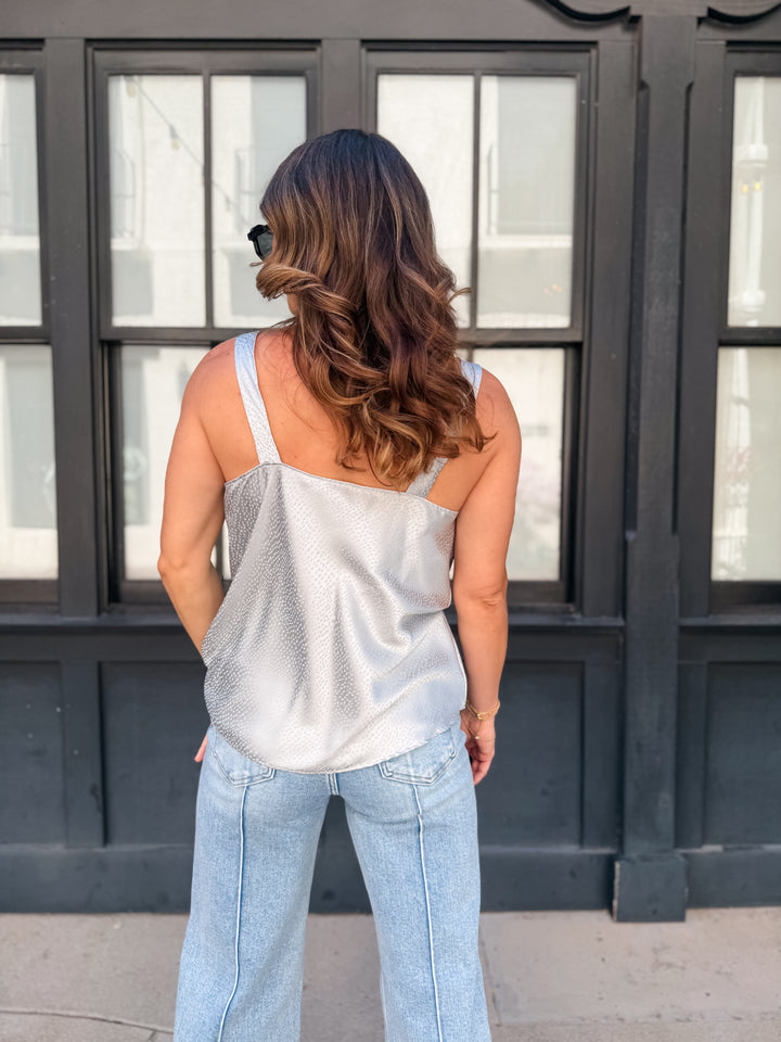 The Luxe Cowl Neck Satin Cami Tank - Dusty Blue