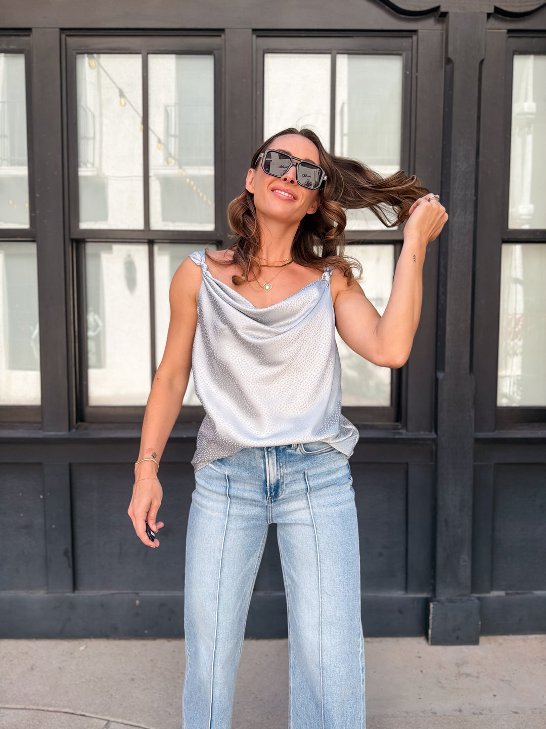 The Luxe Cowl Neck Satin Cami Tank - Dusty Blue