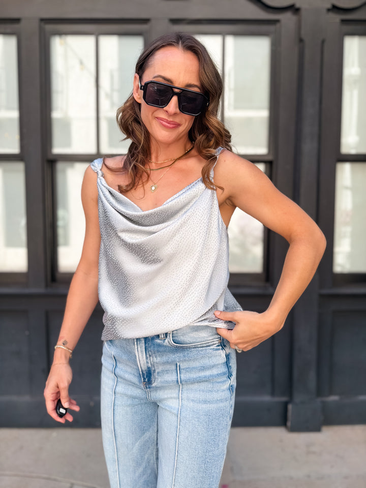 The Luxe Cowl Neck Satin Cami Tank - Dusty Blue