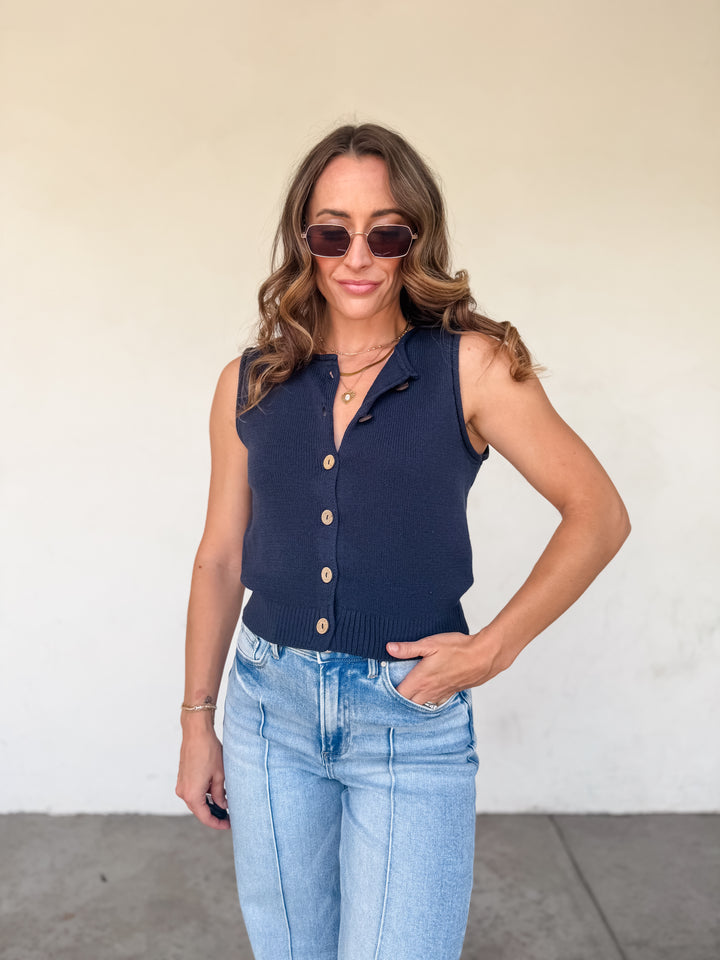 The Vivian Raw Edge Button Down Knit Vest - Navy