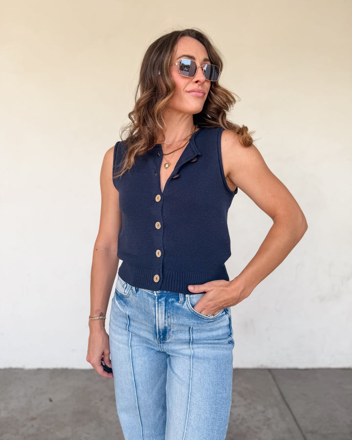 The Vivian Raw Edge Button Down Knit Vest - Navy