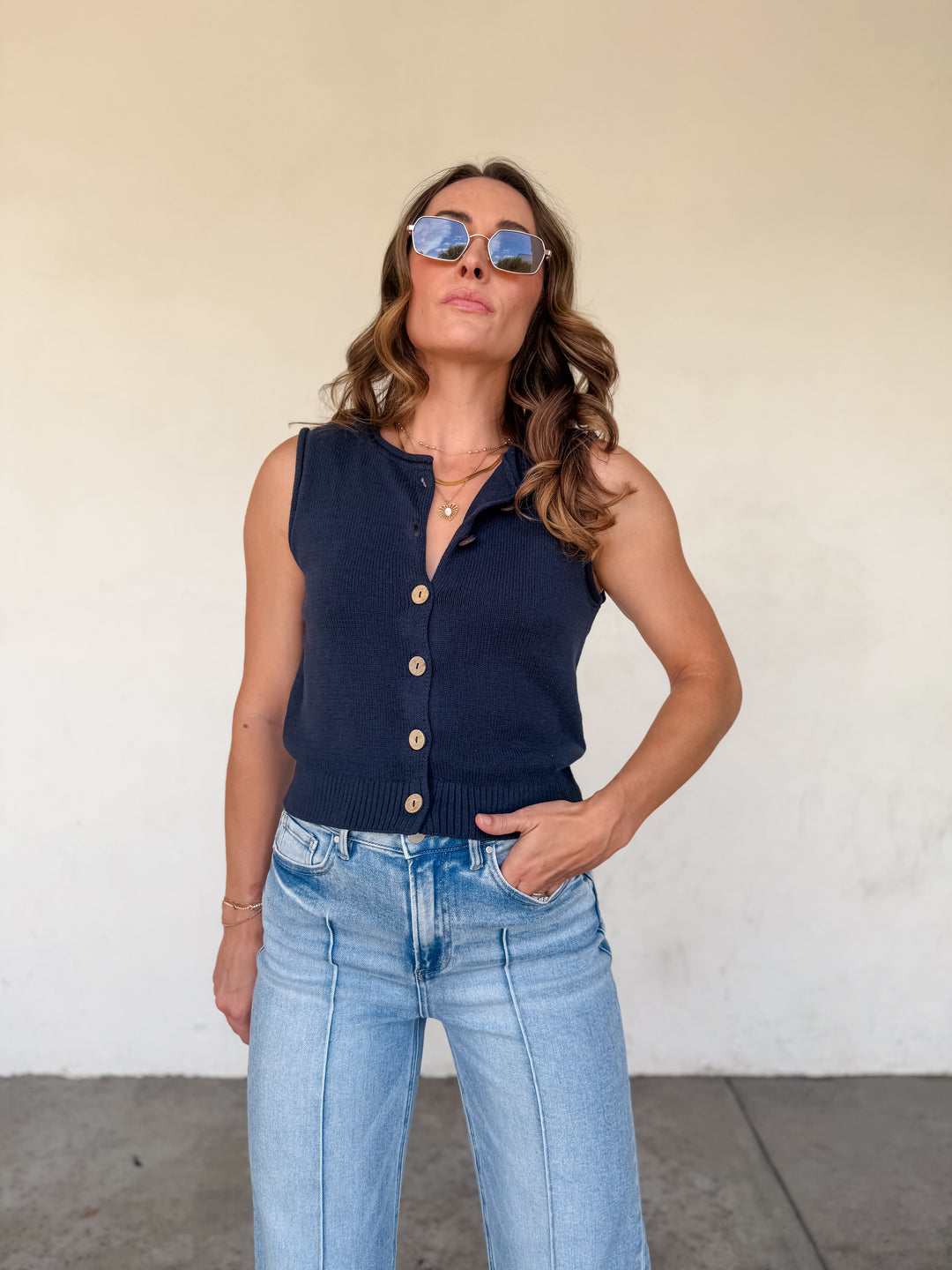 The Vivian Raw Edge Button Down Knit Vest - Navy