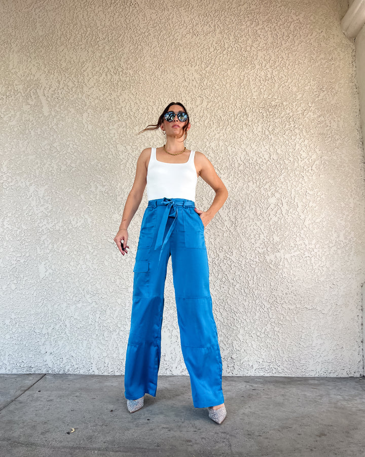 The Dani Satin Cargo Pants - Turquoise