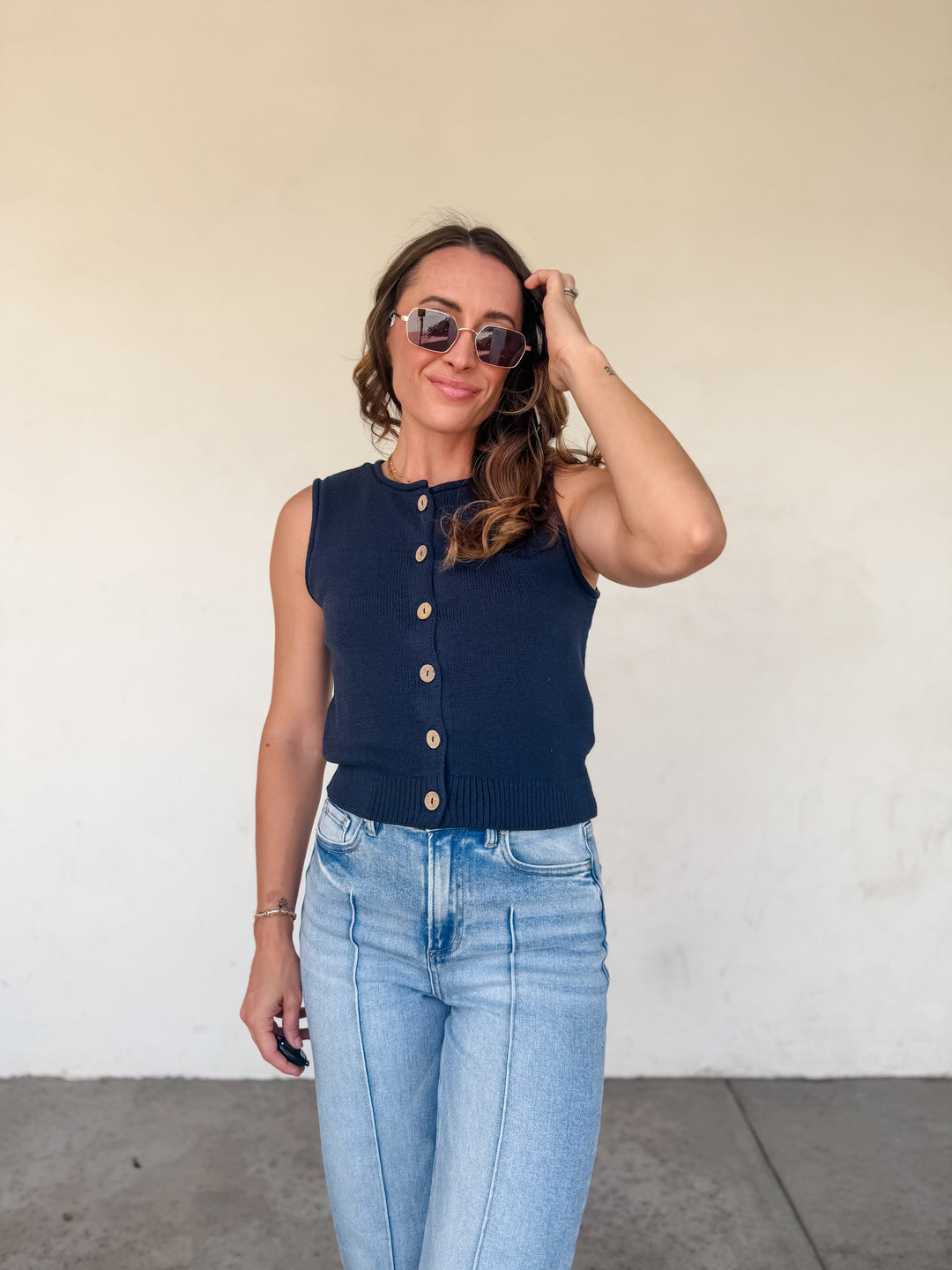 The Vivian Raw Edge Button Down Knit Vest - Navy