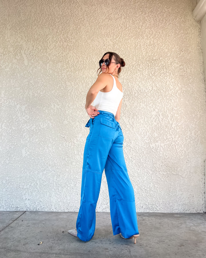 The Dani Satin Cargo Pants - Turquoise