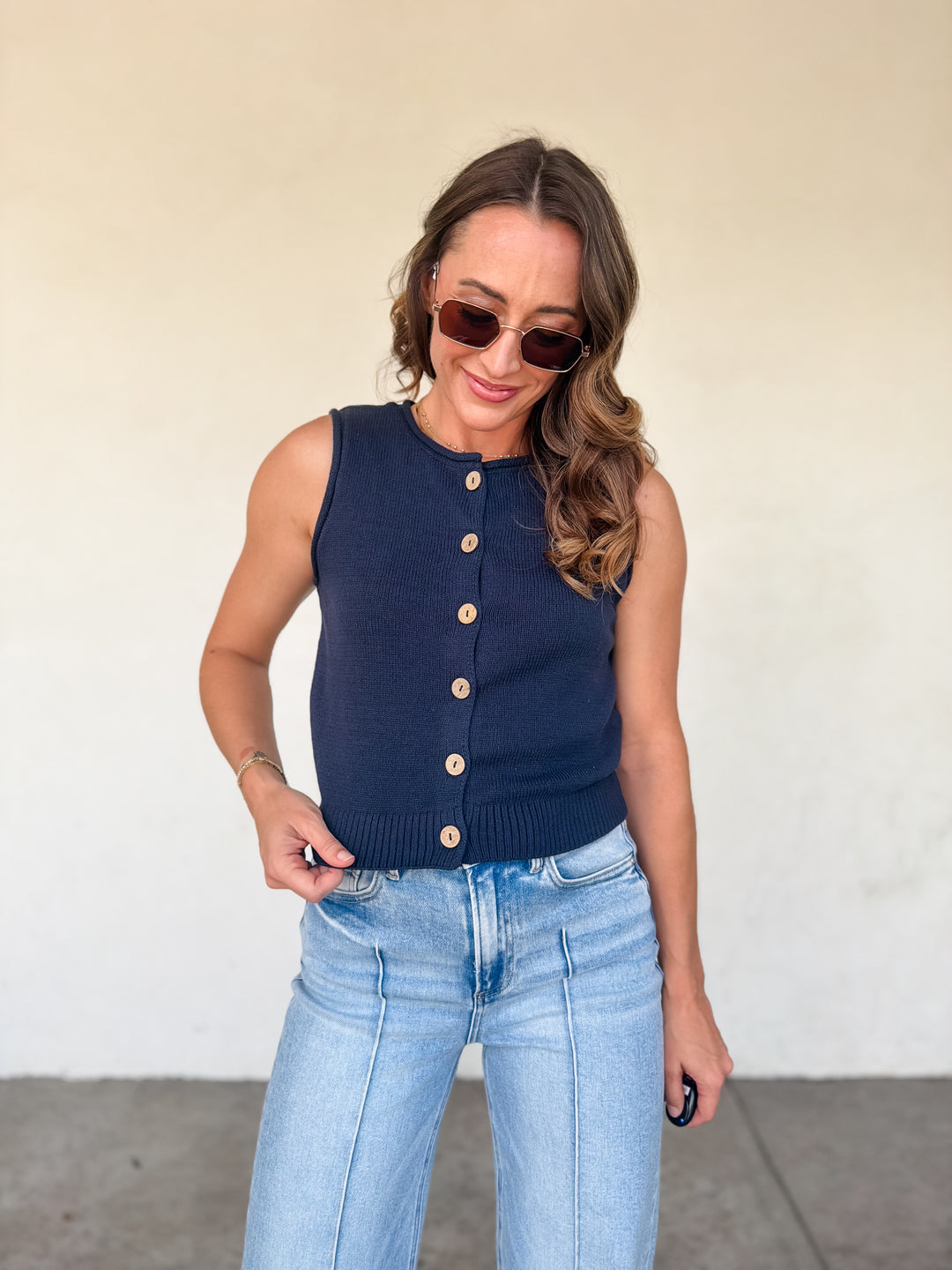 The Vivian Raw Edge Button Down Knit Vest - Navy