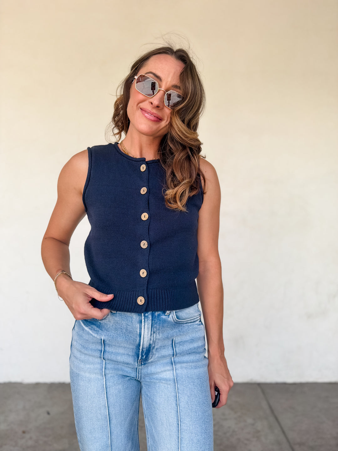 The Vivian Raw Edge Button Down Knit Vest - Navy