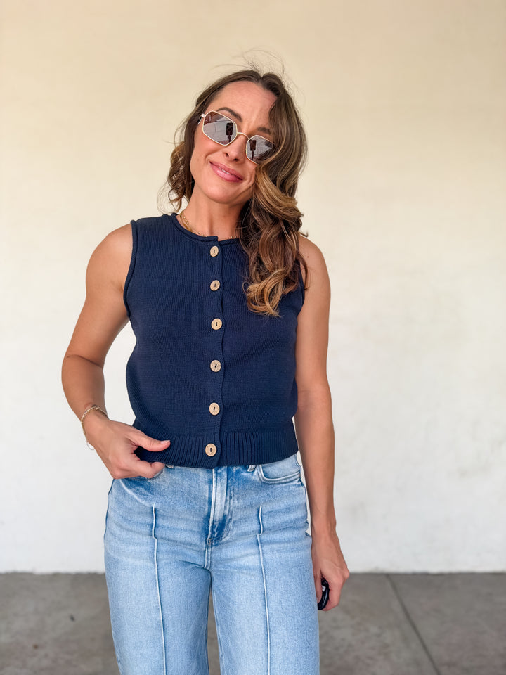 The Vivian Raw Edge Button Down Knit Vest - Navy