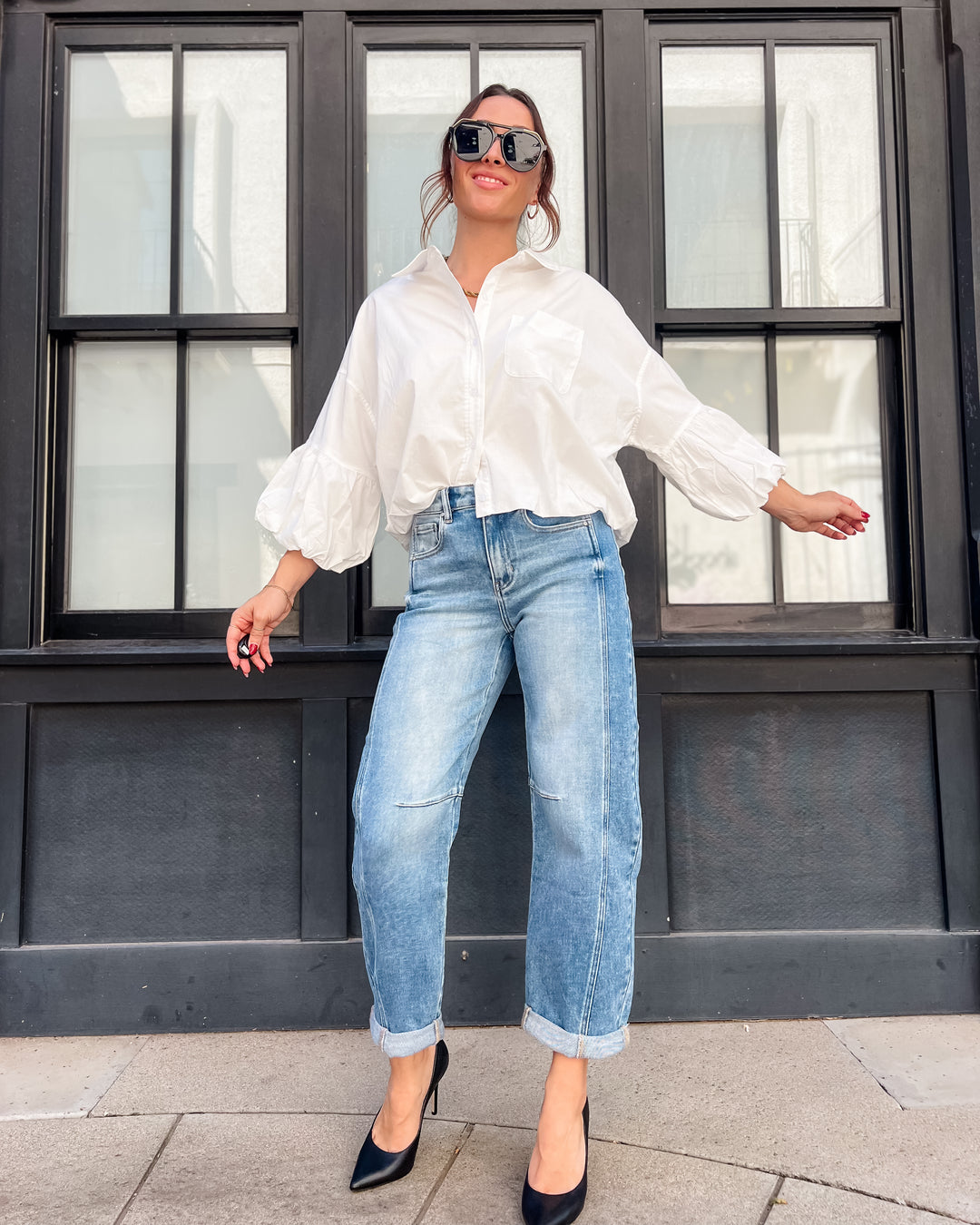 High-Rise Boyfriend Cuffed Barrel Jean by Risen - Medium Wash