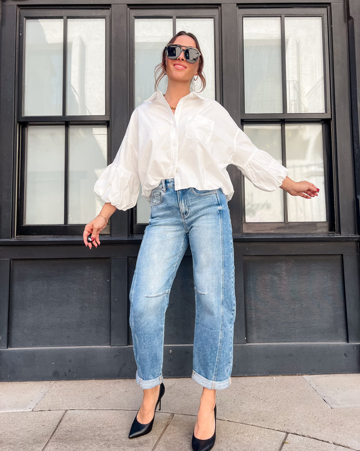 High-Rise Boyfriend Cuffed Barrel Jean by Risen - Medium Wash