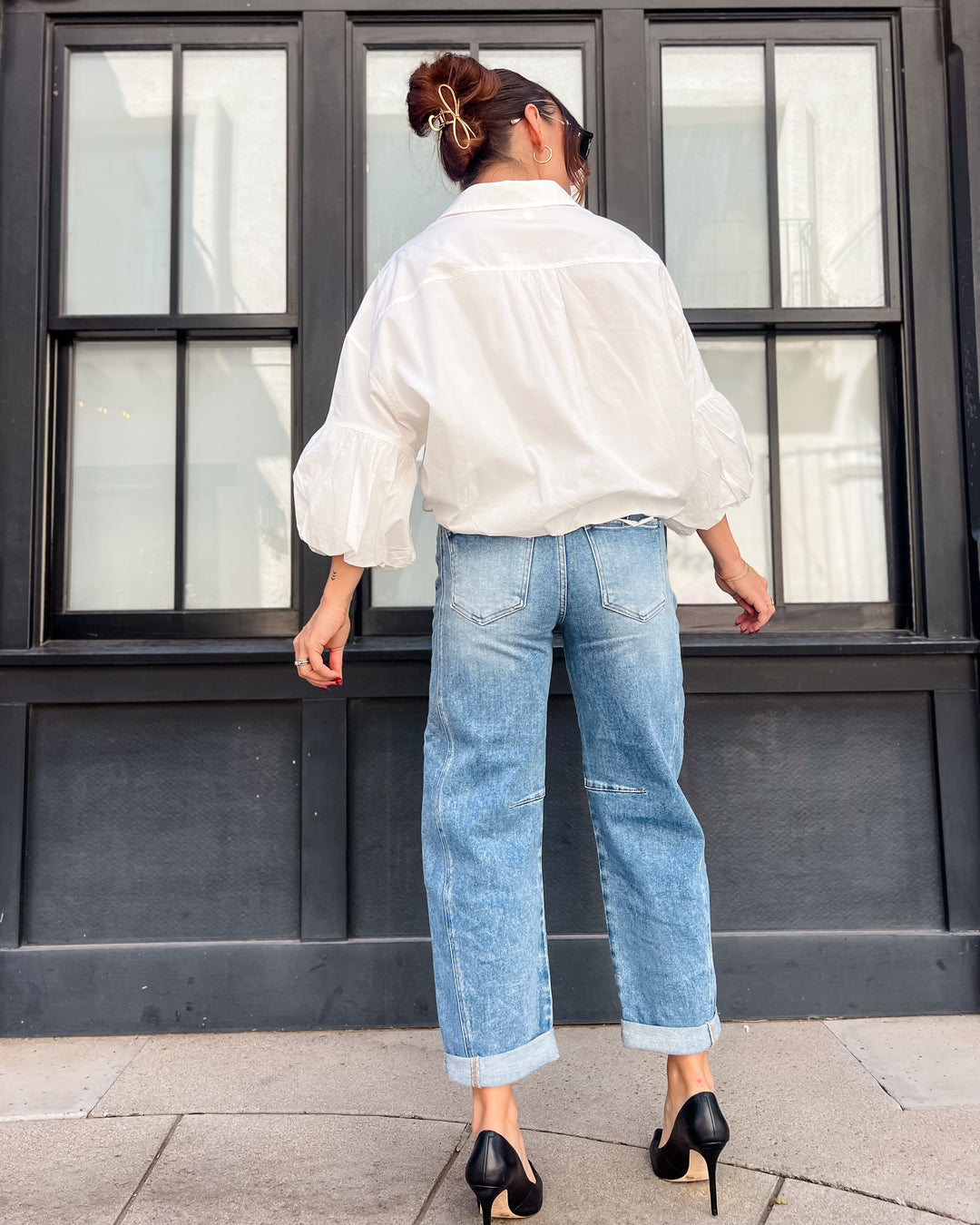 High-Rise Boyfriend Cuffed Barrel Jean by Risen - Medium Wash