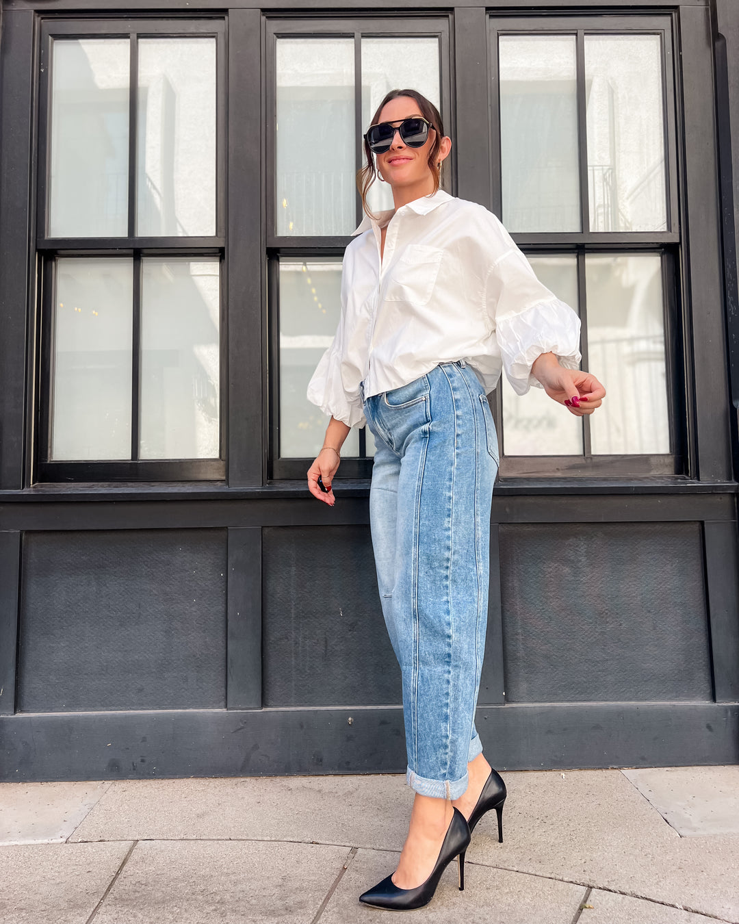 High-Rise Boyfriend Cuffed Barrel Jean by Risen - Medium Wash