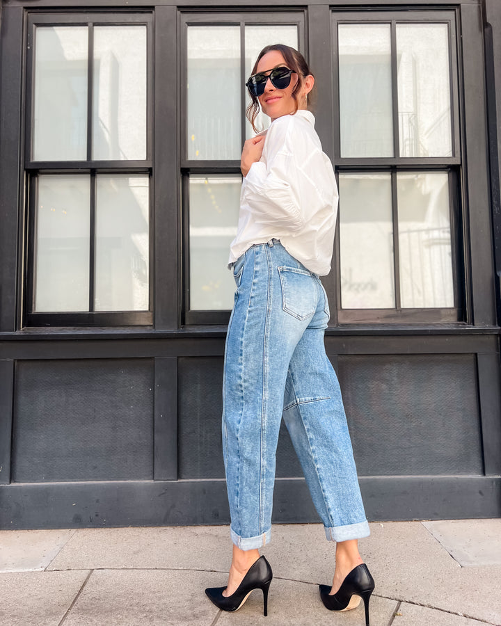 High-Rise Boyfriend Cuffed Barrel Jean by Risen - Medium Wash