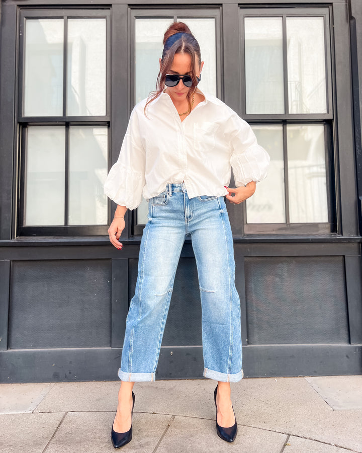 High-Rise Boyfriend Cuffed Barrel Jean by Risen - Medium Wash