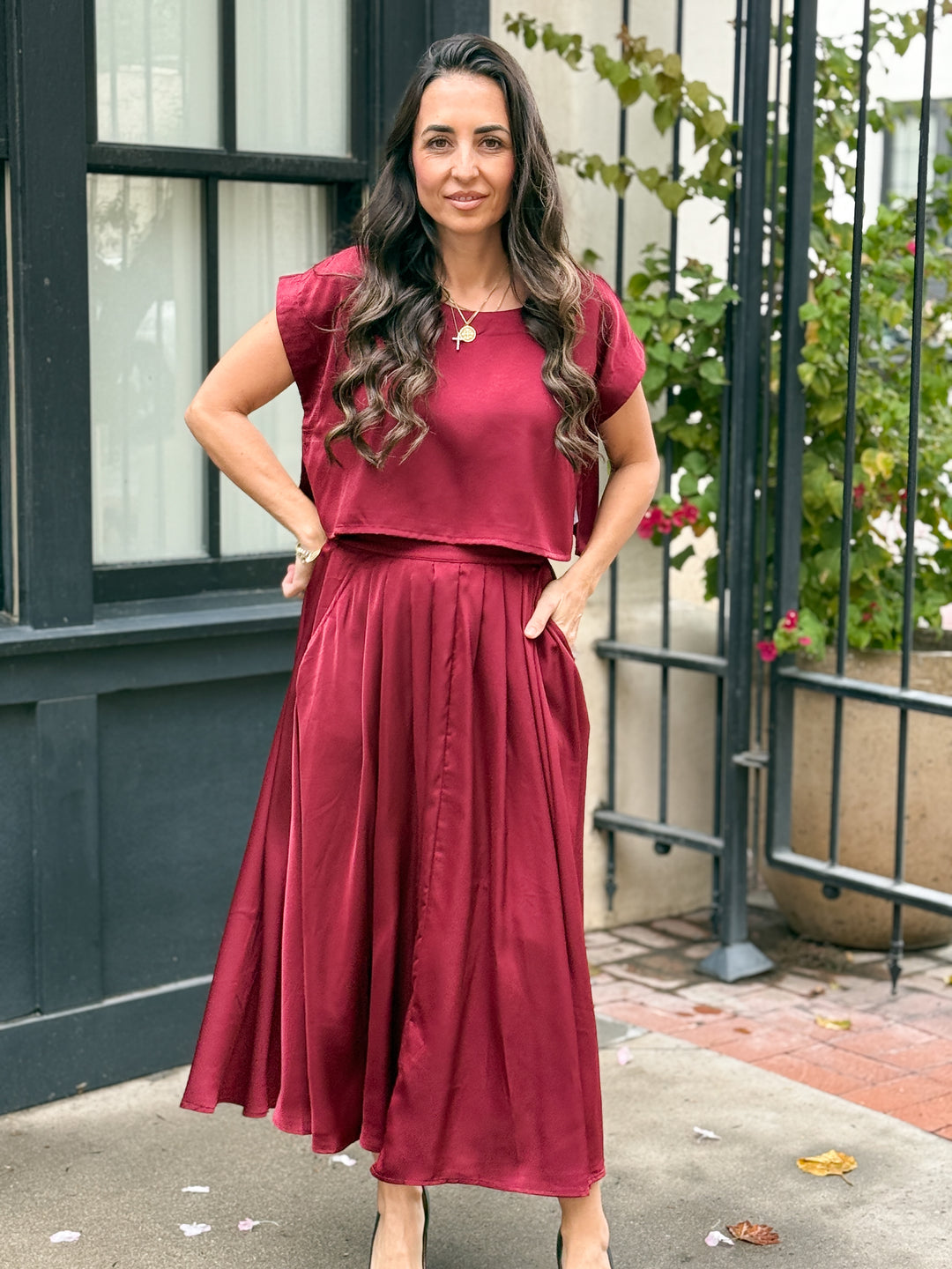 The Genevieve Satin Skirt - Burgundy