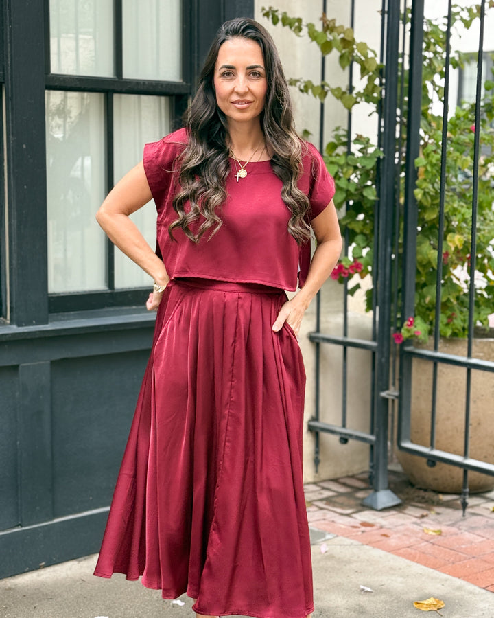 The Genevieve Satin Top - Burgundy