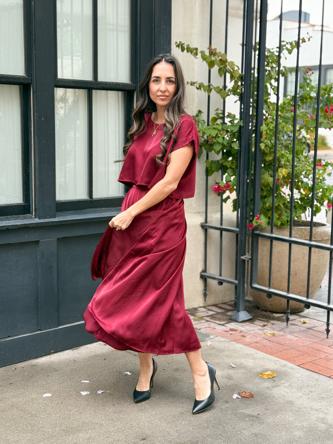 The Genevieve Satin Top - Burgundy