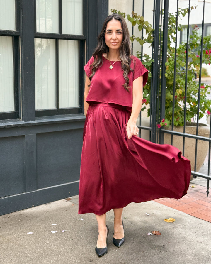 The Genevieve Satin Skirt - Burgundy