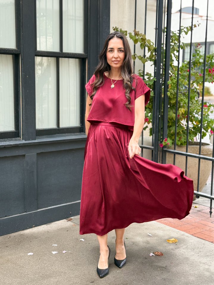 The Genevieve Satin Top - Burgundy