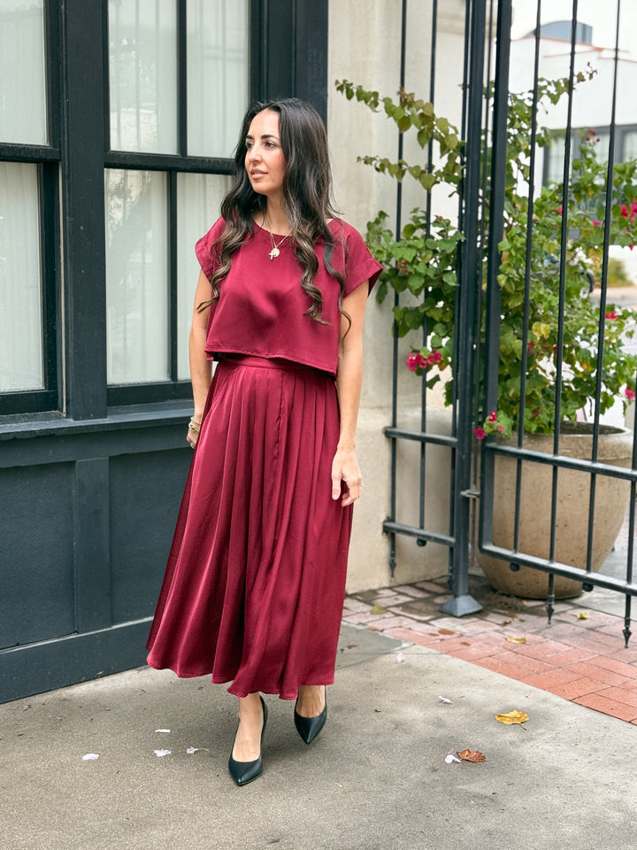 The Genevieve Satin Skirt - Burgundy