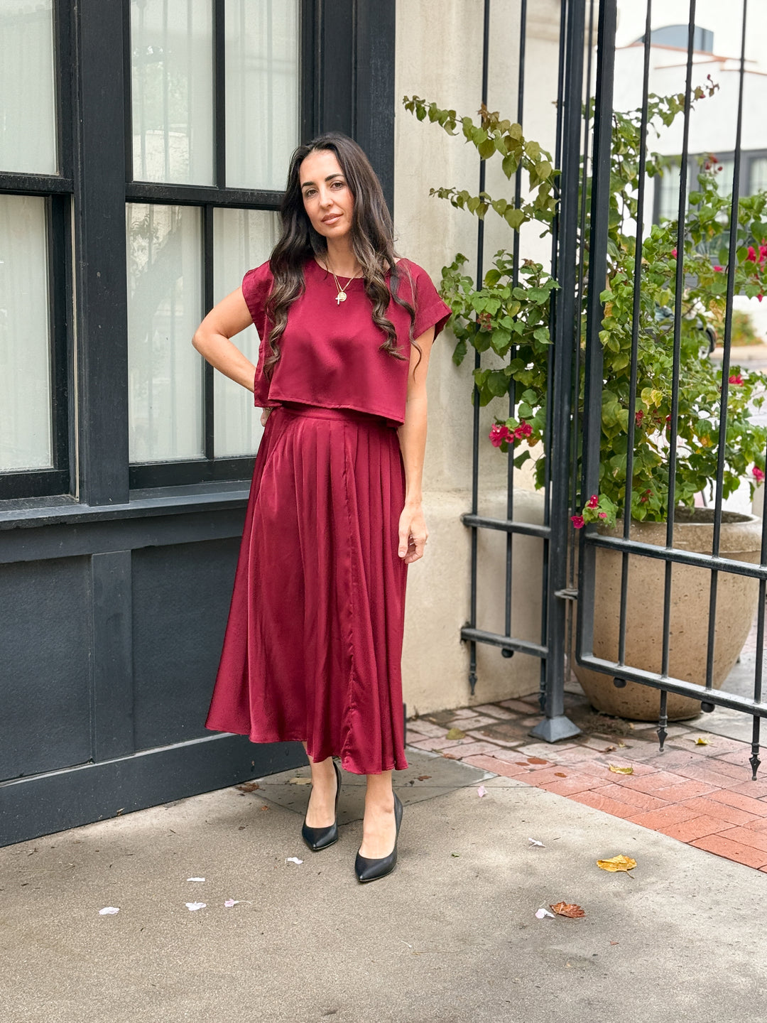 The Genevieve Satin Top - Burgundy