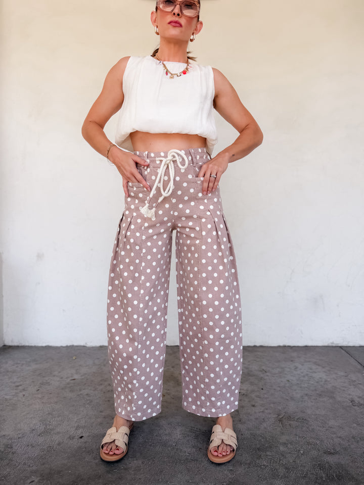 The Polka Dot Pleated Barrel Pants - Taupe