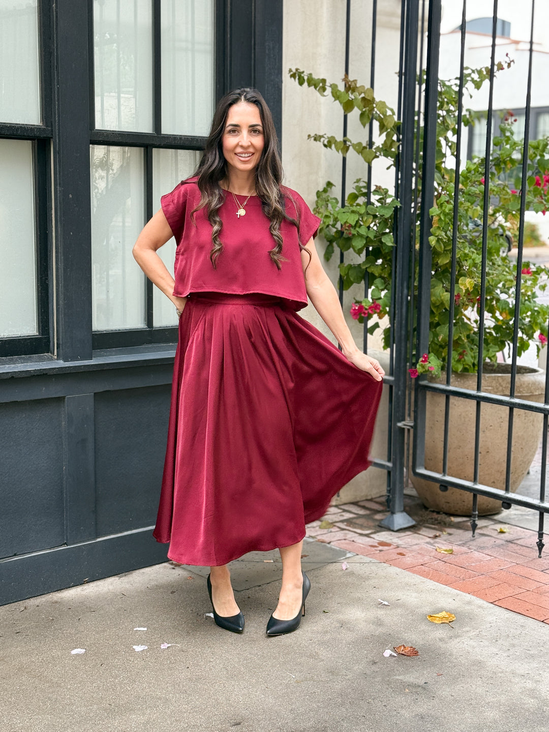 The Genevieve Satin Skirt - Burgundy