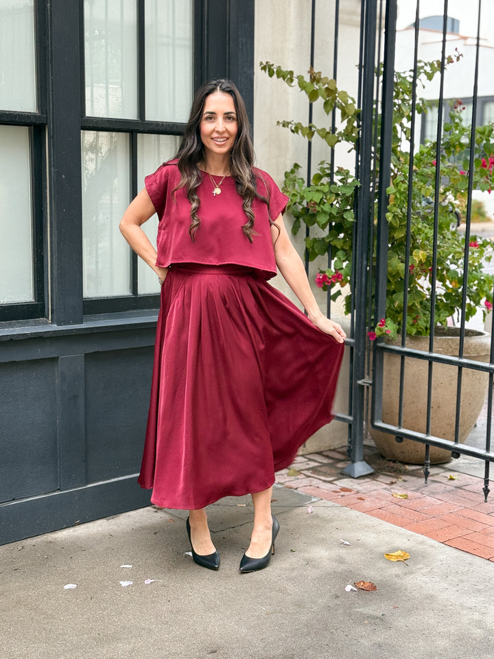 The Genevieve Satin Top - Burgundy