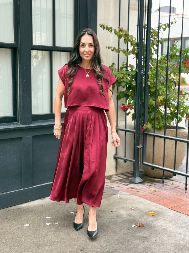 The Genevieve Satin Top - Burgundy