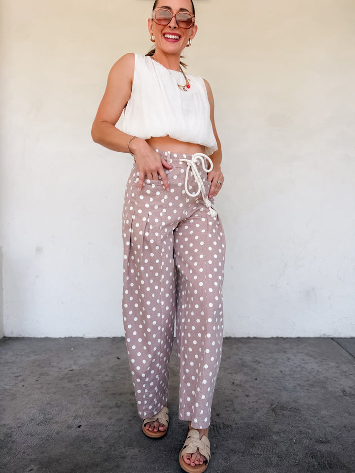 The Polka Dot Pleated Barrel Pants - Taupe