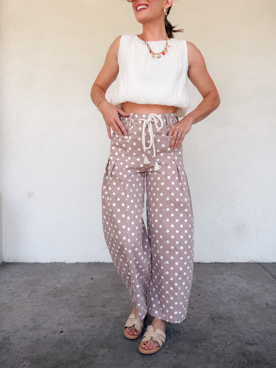 The Polka Dot Pleated Barrel Pants - Taupe