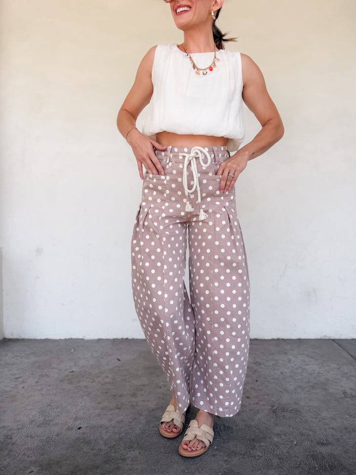 The Polka Dot Pleated Barrel Pants - Taupe