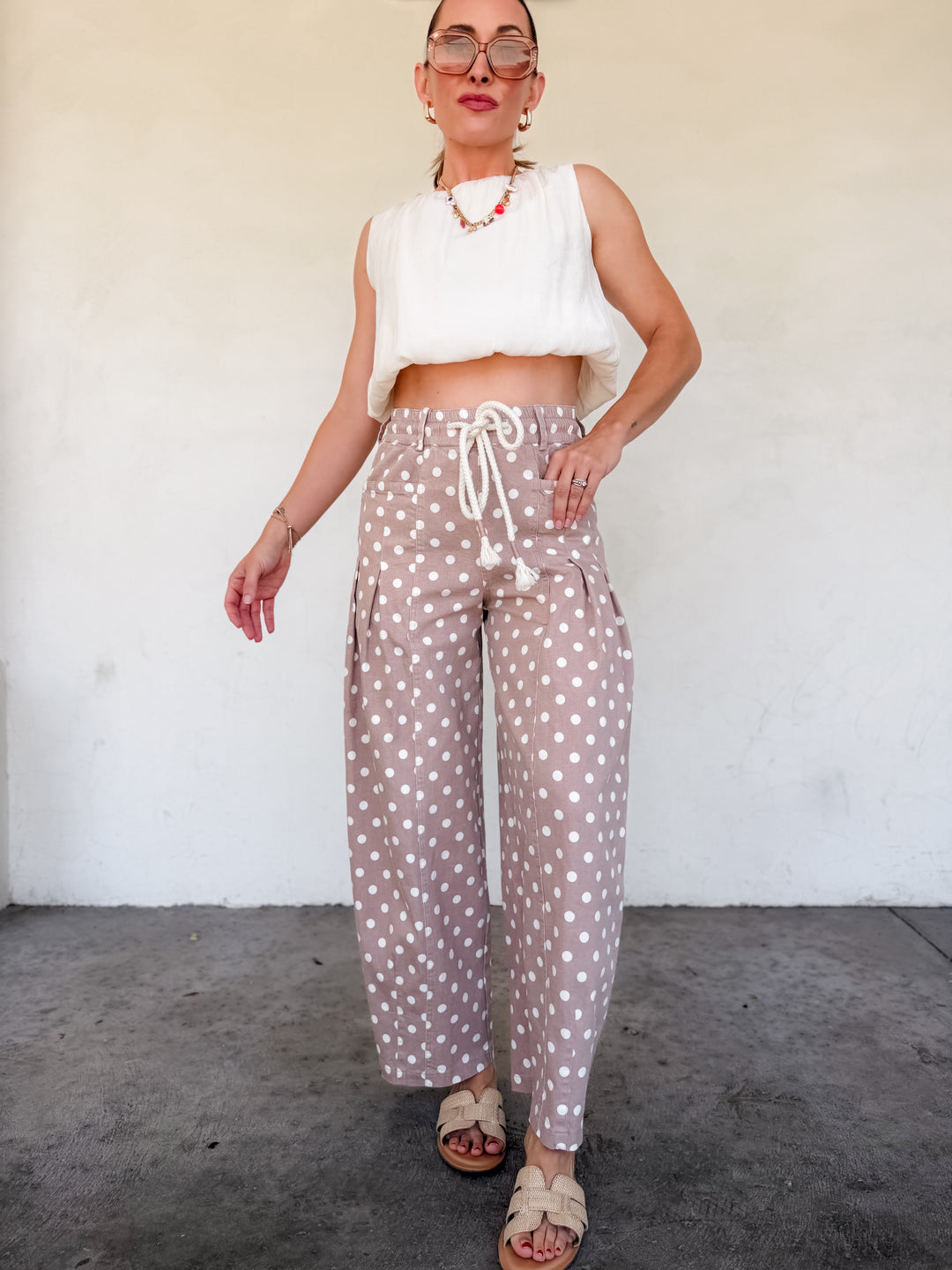 The Polka Dot Pleated Barrel Pants - Taupe