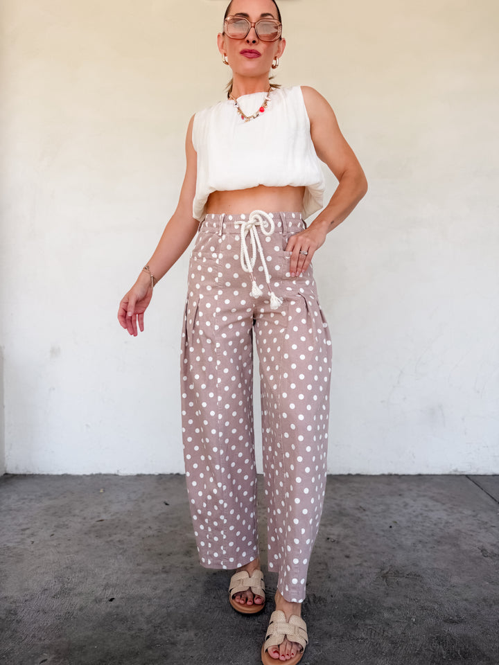 The Polka Dot Pleated Barrel Pants - Taupe