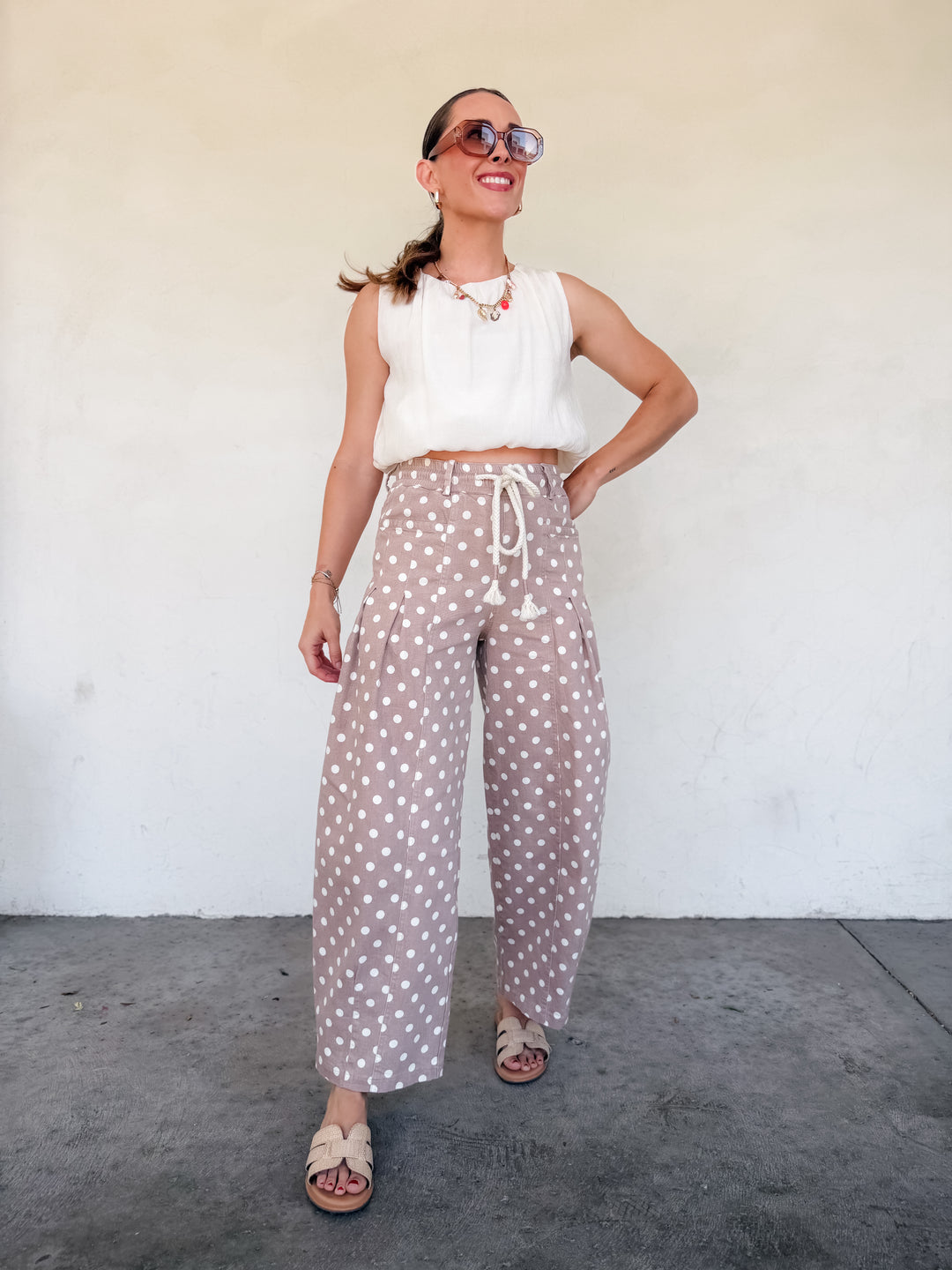 The Polka Dot Pleated Barrel Pants - Taupe