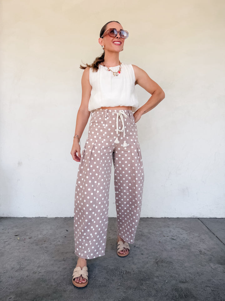 The Polka Dot Pleated Barrel Pants - Taupe