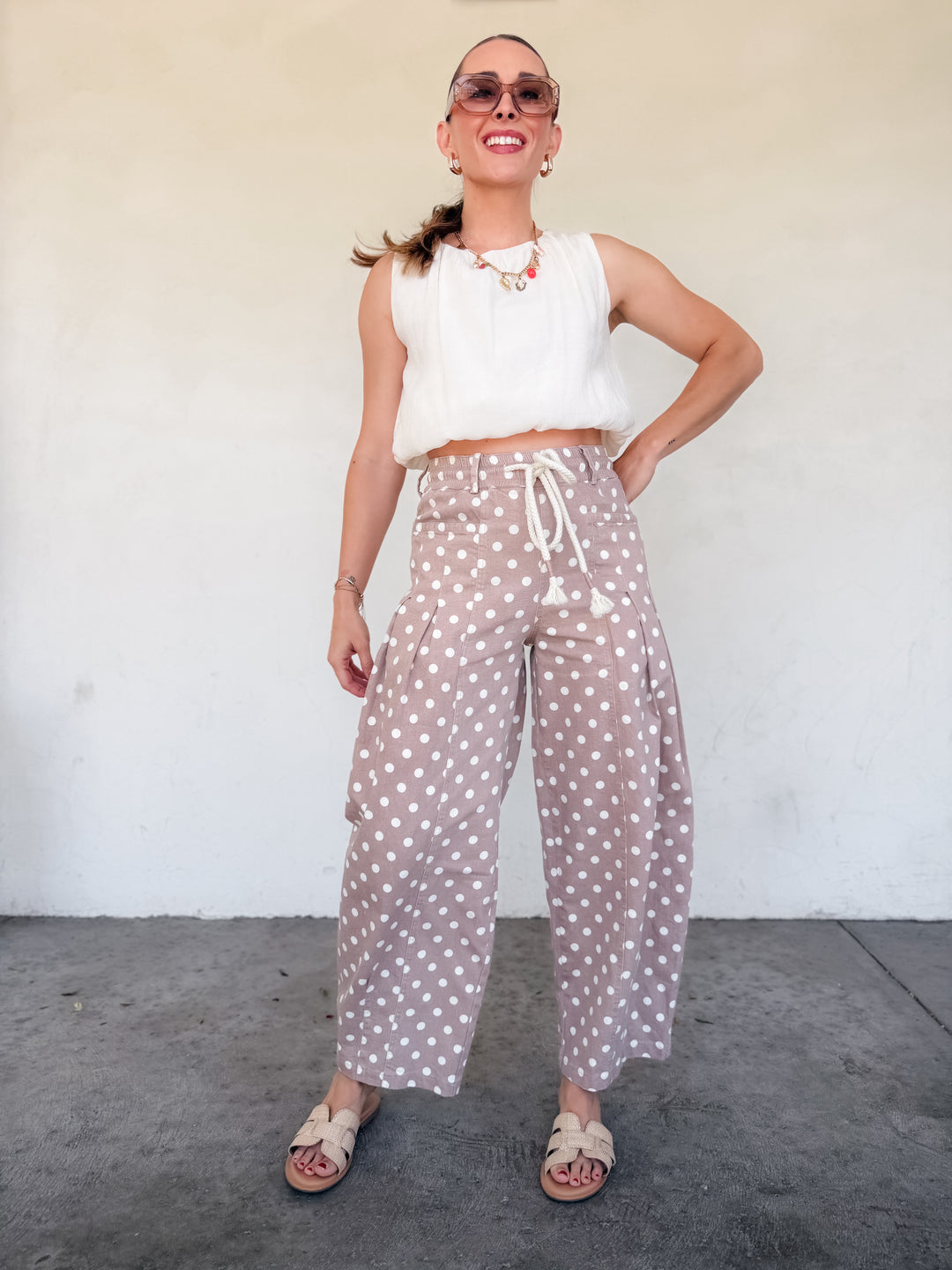 The Polka Dot Pleated Barrel Pants - Taupe