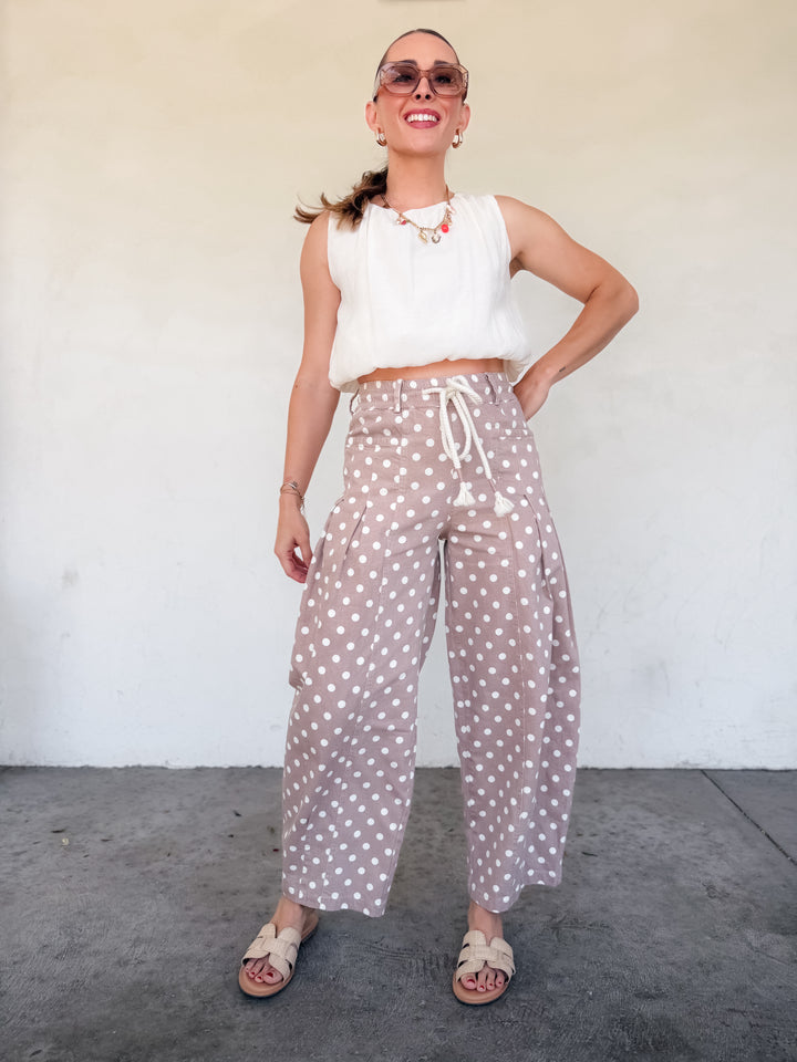 The Polka Dot Pleated Barrel Pants - Taupe